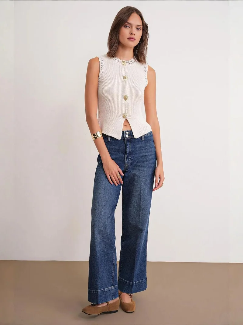 MixRay Mixray Textured Knit Crop Top with Button Details