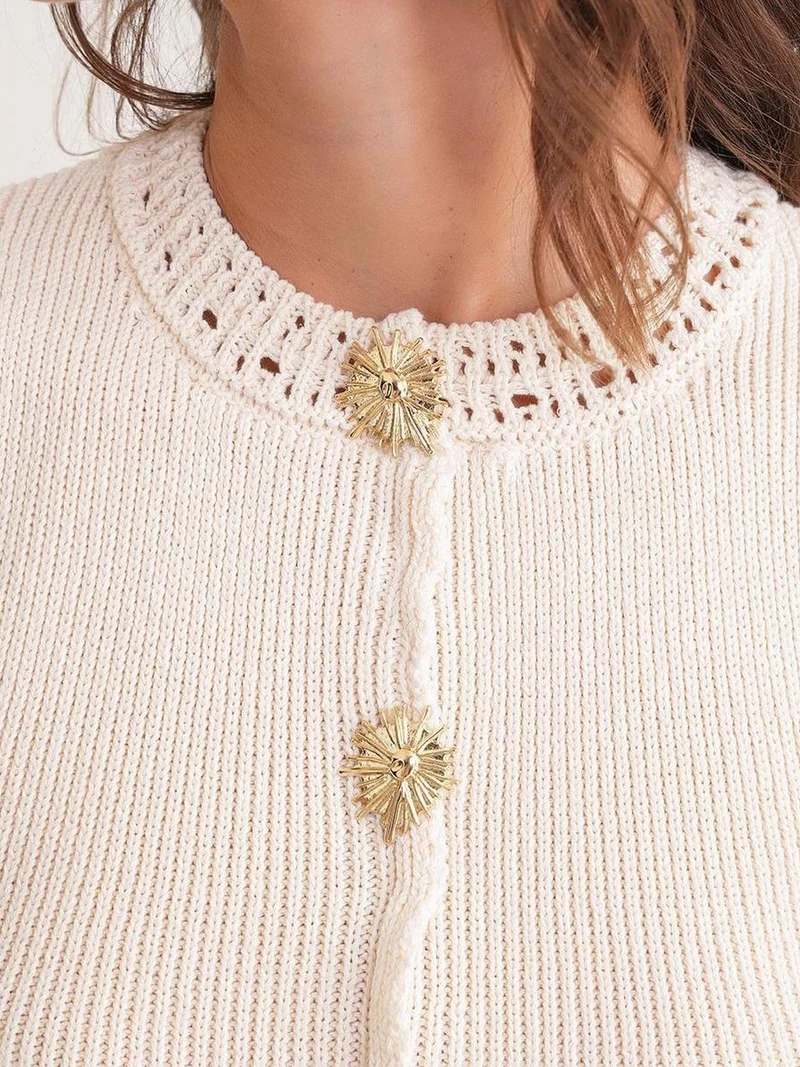 Mixray Natural Mixray Textured Knit Crop Top with Button Details for Women | Best Price UAE