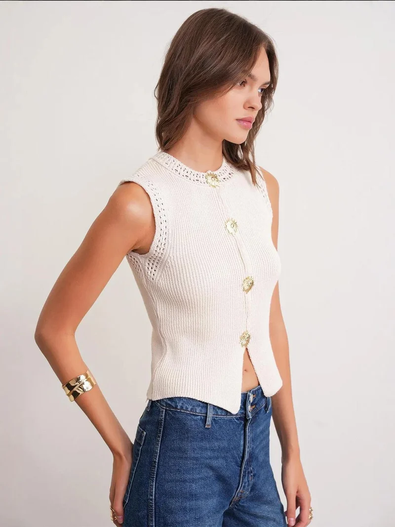 Mixray Natural Mixray Textured Knit Crop Top with Button Details for Women | Best Price UAE