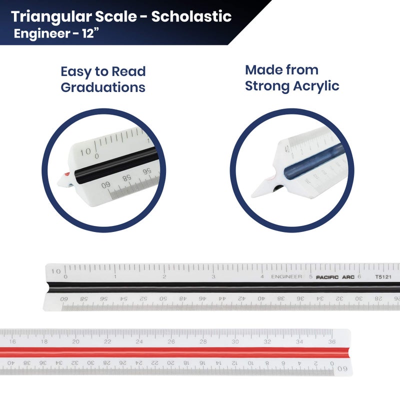 Pacific Arc Engineer Triangle Scale Ruler 12 Inch with Etched Markings in Fully Divided 10, 20, 30, 40, 50, and 60 Parts to The inch - Image 2