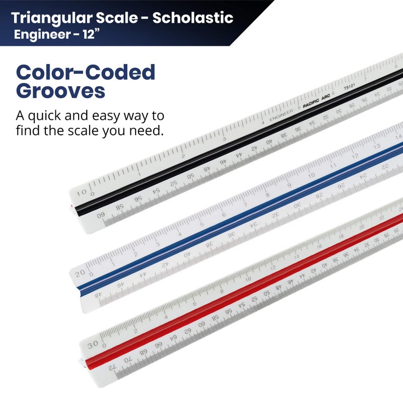 Pacific Arc Engineer Triangle Scale Ruler 12 Inch with Etched Markings in Fully Divided 10, 20, 30, 40, 50, and 60 Parts to The inch - Image 3
