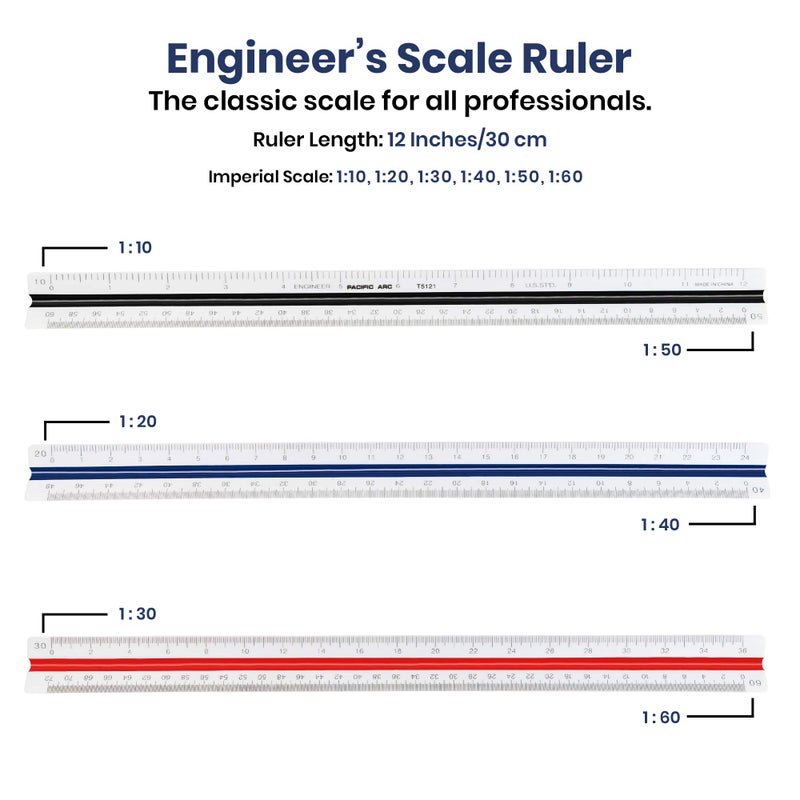 Pacific Arc Engineer Triangle Scale Ruler 12 Inch with Etched Markings in Fully Divided 10, 20, 30, 40, 50, and 60 Parts to The inch - Image 4