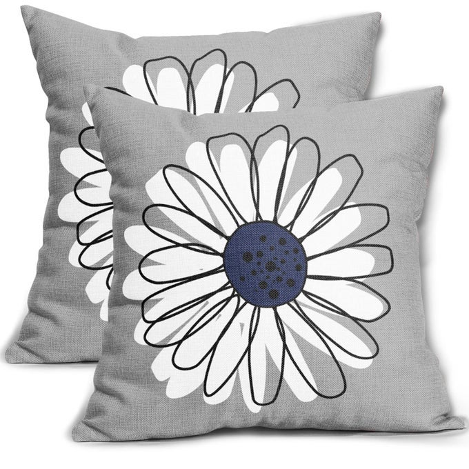 Navy Blue White Daisy Pillow Covers 18x18 Set of 2 Spring Summer Gray Grey Colored Decorative Throw Pillows Outdoor Modern Art Flower Pillowcase Square Linen Cushion Case for Home Sofa Couch Bed