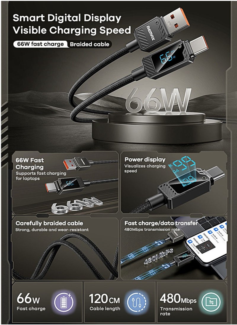 REMAX REMAX Type C Data Cable 66W 1.2M Braided USB C Data Cable Fast Charging Durable and Unique with LED Indicator Compatible with iPhone 16 15 Series Samsung Galaxy S24 S23 Z Flip 6 5 Macbook Pro Air Mini iPad Black  - Image 2