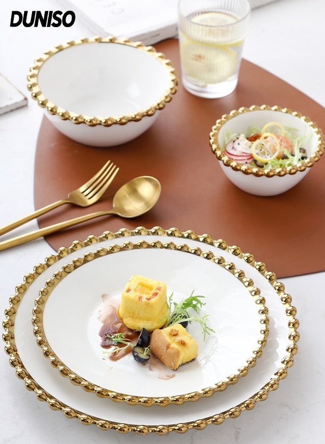 DUNISO طقم أدوات مائدة من السيراميك الصديق للبيئة ودرجة الطعام مكون من 4 قطع، طقم بورسلين عالي الجودة مع خرز ذهبي، يتضمن طقم الأطباق 1*10 بوصة طبق، 1*8 بوصة طبق، 1*4.5 بوصة وعاء، 1*6 بوصة وعاء - Image 1