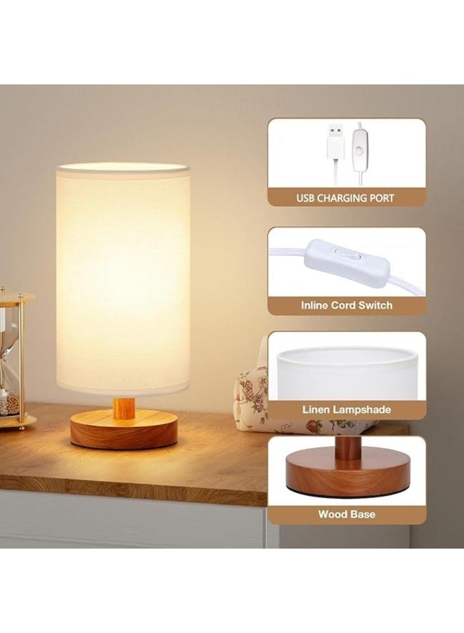 zentora 2 PACK Bedside Table Lamp, Warm USB Charging Bedroom Bedside Lamp, Nightstand Lamp with Linen Lampshade and Log Base for Bedroom, Kids Room and Living Room (Button Switch) - Image 3