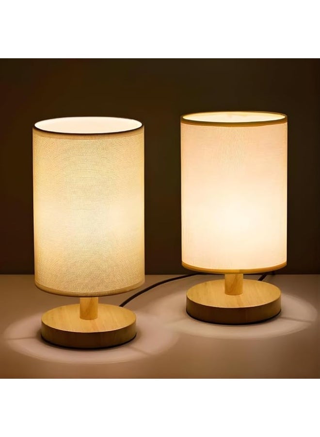 zentora 2 PACK Bedside Table Lamp, Warm USB Charging Bedroom Bedside Lamp, Nightstand Lamp with Linen Lampshade and Log Base for Bedroom, Kids Room and Living Room (Button Switch) - Image 1