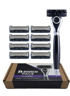 DORCO DORCO Pace Classic - Seven Blade Razor System with Pivoting Head and Premium Handle- 9 Pack (1 Handle + 9 Cartridges) 
