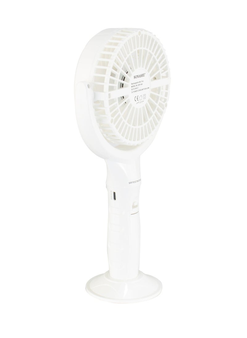 SONASHI Rechargeable Mini Fan With 3 Speeds | Handheld And Portable Design | Continuous Working Of 4.5 Hours | Featured with 30° Angle Adjust and Charging Indicator | 5V Type-C Charge SRF-404 White - Image 5