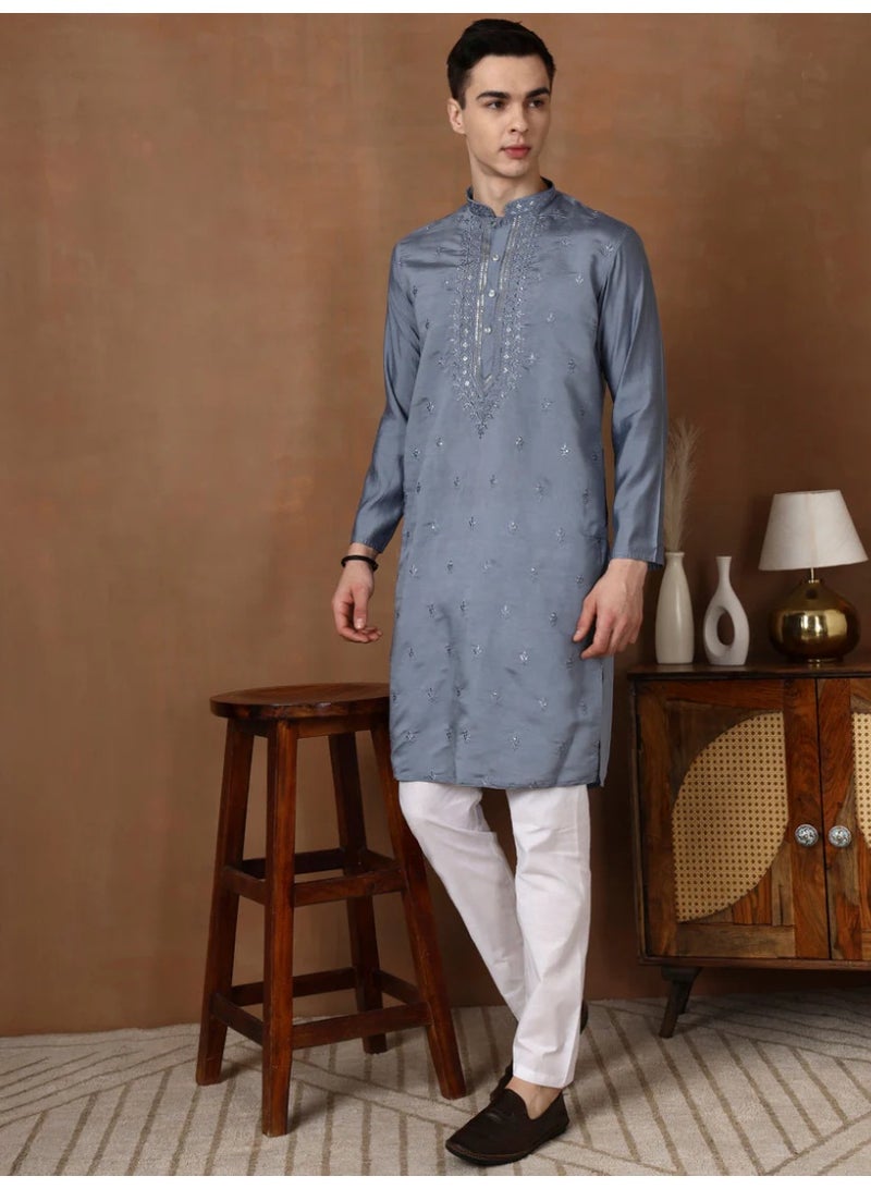 Devoiler Mens Grey Thread & Mirror Work Modal Silk Kurta Set - Image 5
