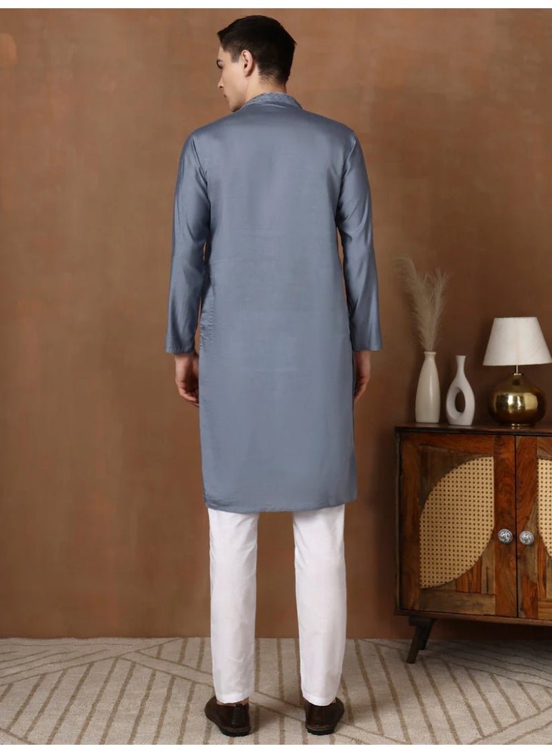 Devoiler Mens Grey Thread & Mirror Work Modal Silk Kurta Set - Image 1