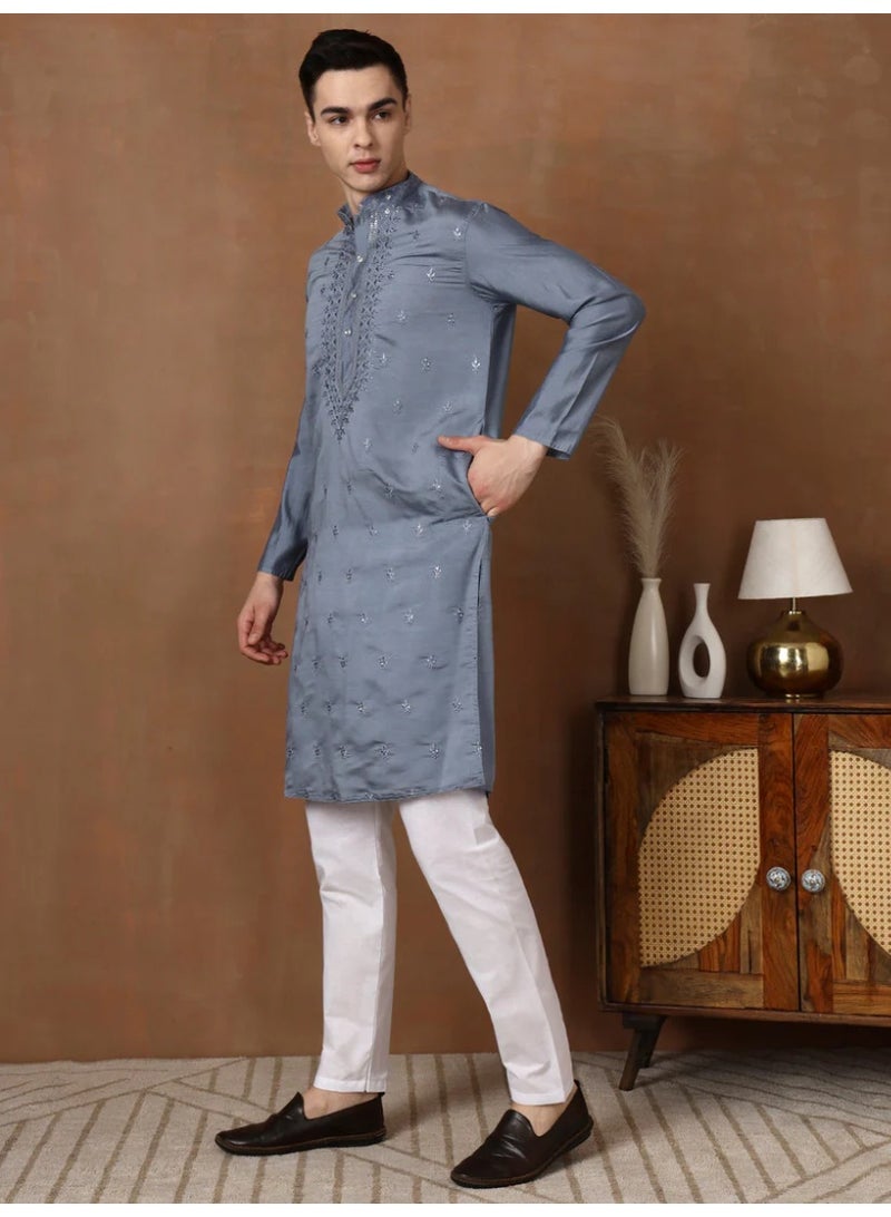 Devoiler Mens Grey Thread & Mirror Work Modal Silk Kurta Set - Image 2