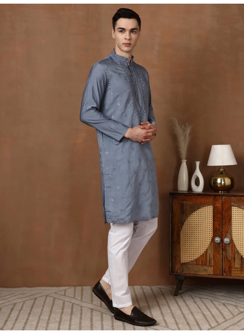 Devoiler Mens Grey Thread & Mirror Work Modal Silk Kurta Set - Image 3