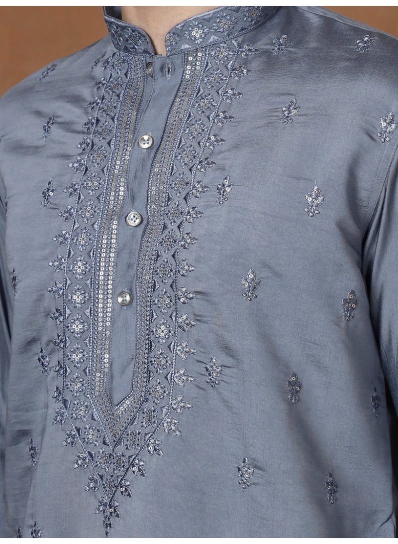 Devoiler Mens Grey Thread & Mirror Work Modal Silk Kurta Set - Image 4