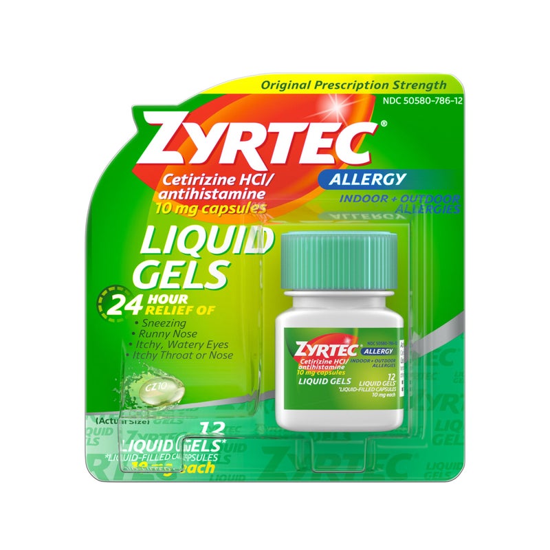 ZYRTEC كبسولات زيرتك 24 ساعة لتخفيف الحساسية، سيتيريزين هيدروكلوريد مضاد الهيستامين، 12 حبة - Image 1
