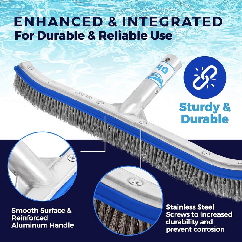 440 Heavy Duty Pool Brush - 18-inch Extra-Wide Metal Brush Head with Stainless Steel Wire Bristles & Curved Edges for Cleaning Pool Tiles, Walls, Floor, Steps (Stainless Steel) - Image 5