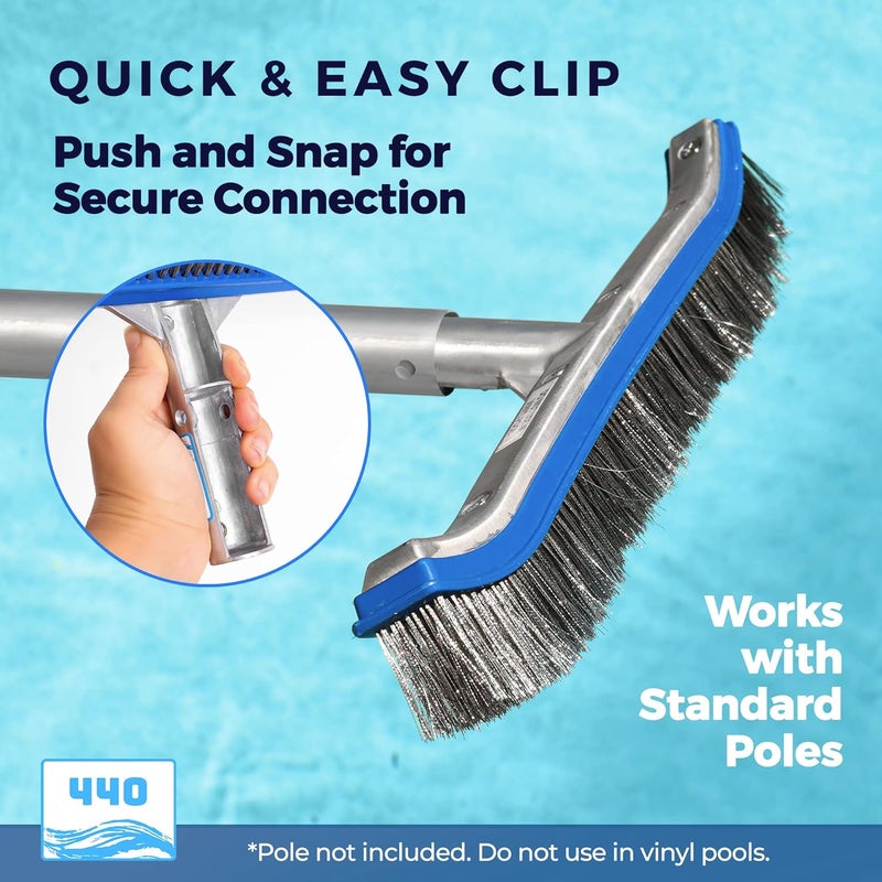 440 Heavy Duty Pool Brush - 18-inch Extra-Wide Metal Brush Head with Stainless Steel Wire Bristles & Curved Edges for Cleaning Pool Tiles, Walls, Floor, Steps (Stainless Steel) - Image 4