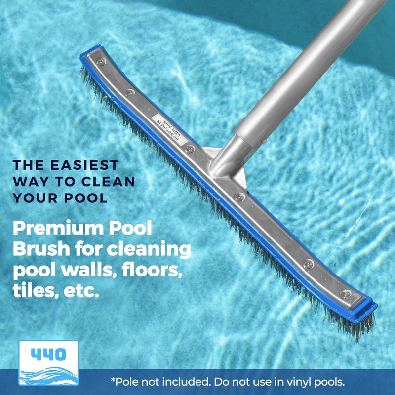 440 Heavy Duty Pool Brush - 18-inch Extra-Wide Metal Brush Head with Stainless Steel Wire Bristles & Curved Edges for Cleaning Pool Tiles, Walls, Floor, Steps (Stainless Steel) - Image 1