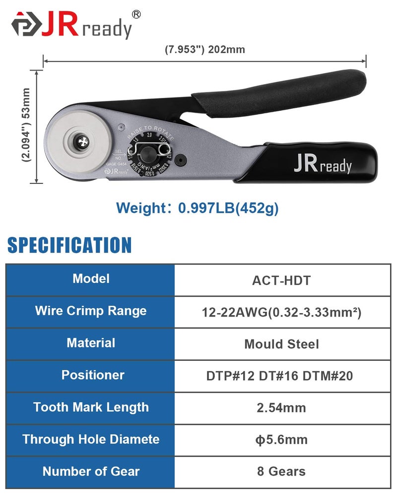 JRready Deutsch Crimp Tool ST2169 Deutsch Crimping Tool for DT,DTM,DTP and Amphenol AT ATP ATM Series Size 16 20 12 Solid Pin&Soc Contacts,Closed Barrel Crimp Tool with Three Positioners - Image 3