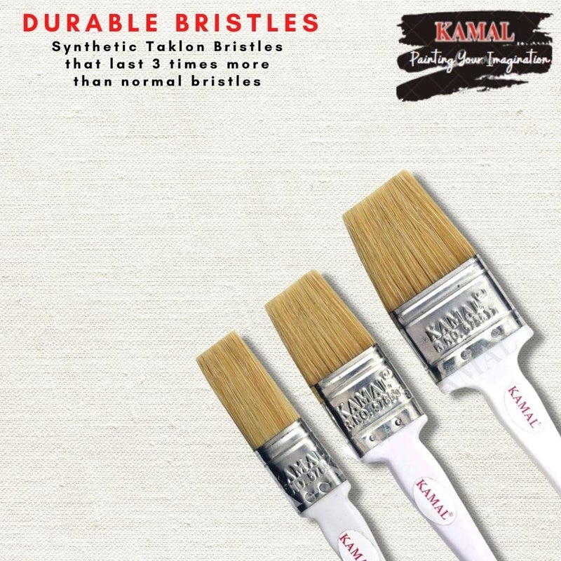 KAMAL® Flat CHAPTA(WASH) Brush HOG Hair Non - Synthetic Superior White Handle Set of 3 (25mm, 38mm, 50mm) - Image 2