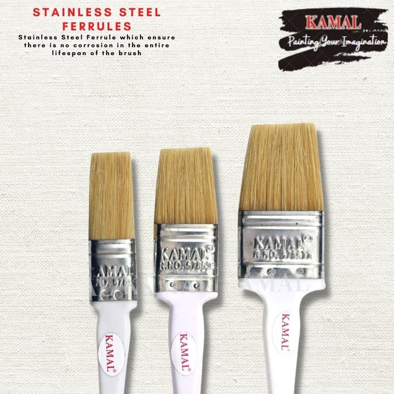 KAMAL® Flat CHAPTA(WASH) Brush HOG Hair Non - Synthetic Superior White Handle Set of 3 (25mm, 38mm, 50mm) - Image 3