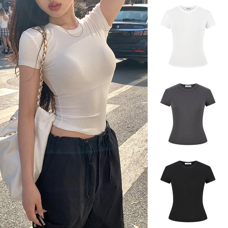 Real shot in stock-slim crew neck short sleeve T-shirt women's tight 2025 spring and summer meat-covered base coat - Image 2