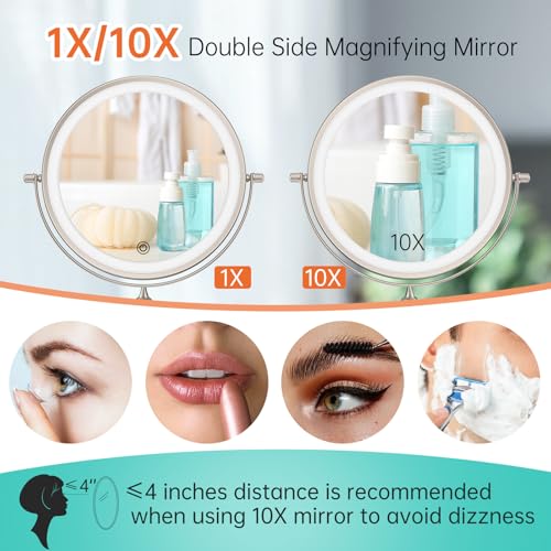 FUNTOUCH Rechargeable Wall Mounted Lighted Makeup Vanity Mirror 8 Inch Double Sided 1X 10X Magnifying Bathroom Mirror, 3 Color Lighting, Touch Screen Dimming, Extended Arm 360 Rotation Shaving Light up Mirror - Image 4
