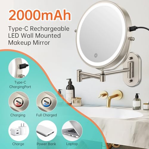FUNTOUCH Rechargeable Wall Mounted Lighted Makeup Vanity Mirror 8 Inch Double Sided 1X 10X Magnifying Bathroom Mirror, 3 Color Lighting, Touch Screen Dimming, Extended Arm 360 Rotation Shaving Light up Mirror - Image 2