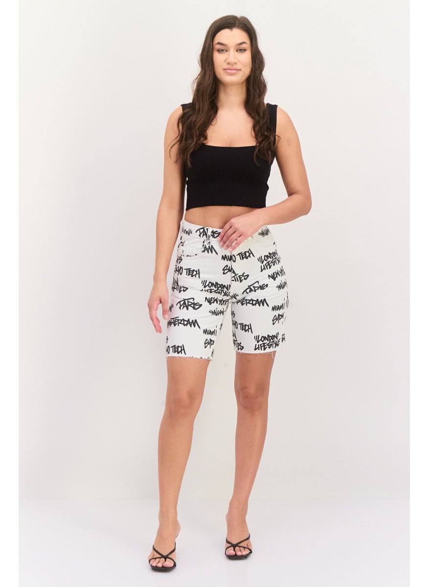 Bershka Women Allover Printed Denim Shorts, White  - Image 4