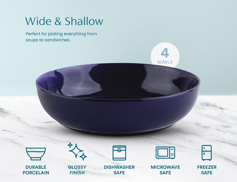 KooK Pasta Bowl, Salad Bowls, Soup, Serving Bowls, Ceramic, Large Capacity, Microwave & Dishwasher Safe, Set of 4, 40 Oz, (Cobalt) - Image 5