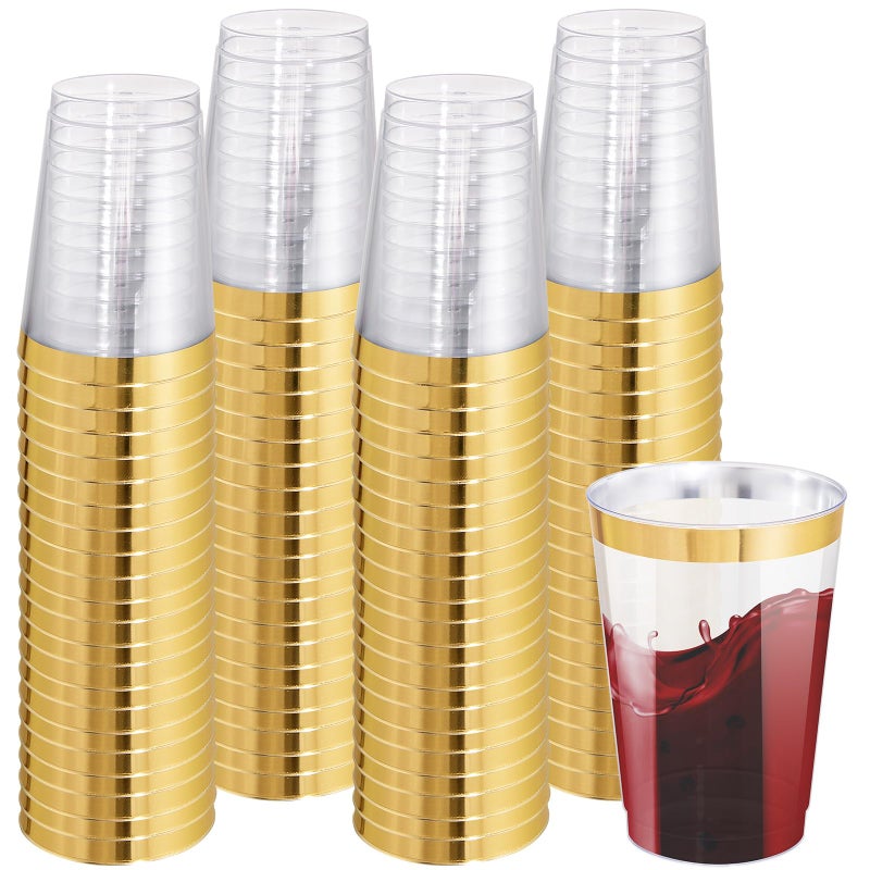 I00000 100 Pack 12 oz Gold Plastic Cups  Gold Rimmed Disposable Cups  Disposable Wine Glasses Cocktail Glasses Premium Cup with Golden Rim  12 Ounce Plastic Tumblers for Party & Wedding - Image 1