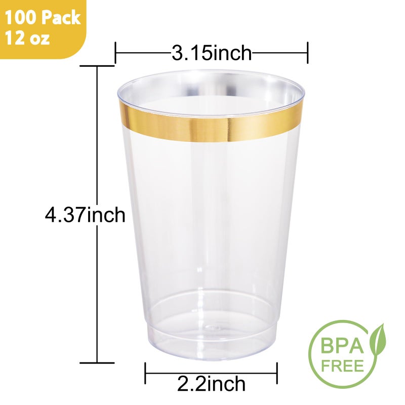 I00000 100 Pack 12 oz Gold Plastic Cups  Gold Rimmed Disposable Cups  Disposable Wine Glasses Cocktail Glasses Premium Cup with Golden Rim  12 Ounce Plastic Tumblers for Party & Wedding - Image 2