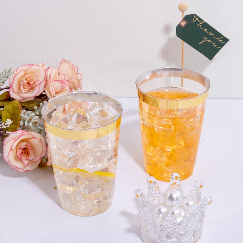 I00000 100 Pack 12 oz Gold Plastic Cups  Gold Rimmed Disposable Cups  Disposable Wine Glasses Cocktail Glasses Premium Cup with Golden Rim  12 Ounce Plastic Tumblers for Party & Wedding - Image 3