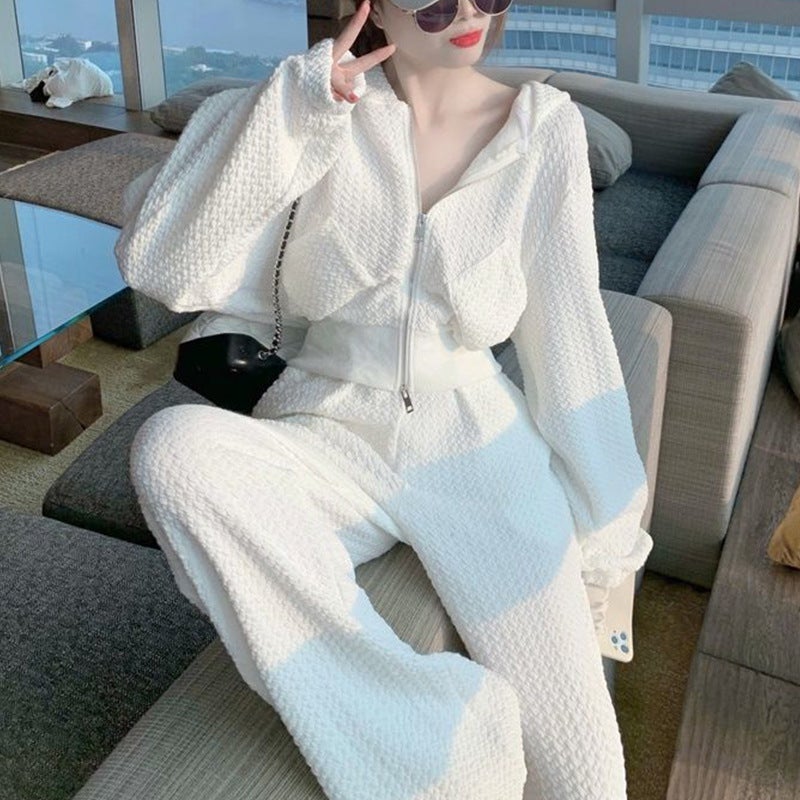 Autumn New 2023 hooded sweater wide-leg pants two-piece Korean style loose slimming casual fashion suit womens fashion White