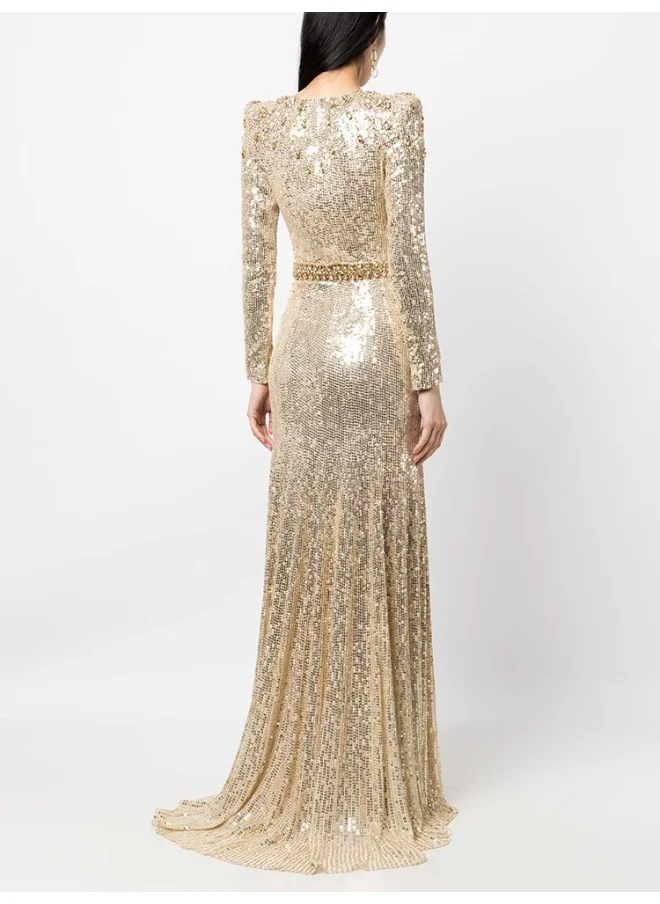 Madam Uniq Heavy Embellished Beaded and Sequin Long Dress in Gold