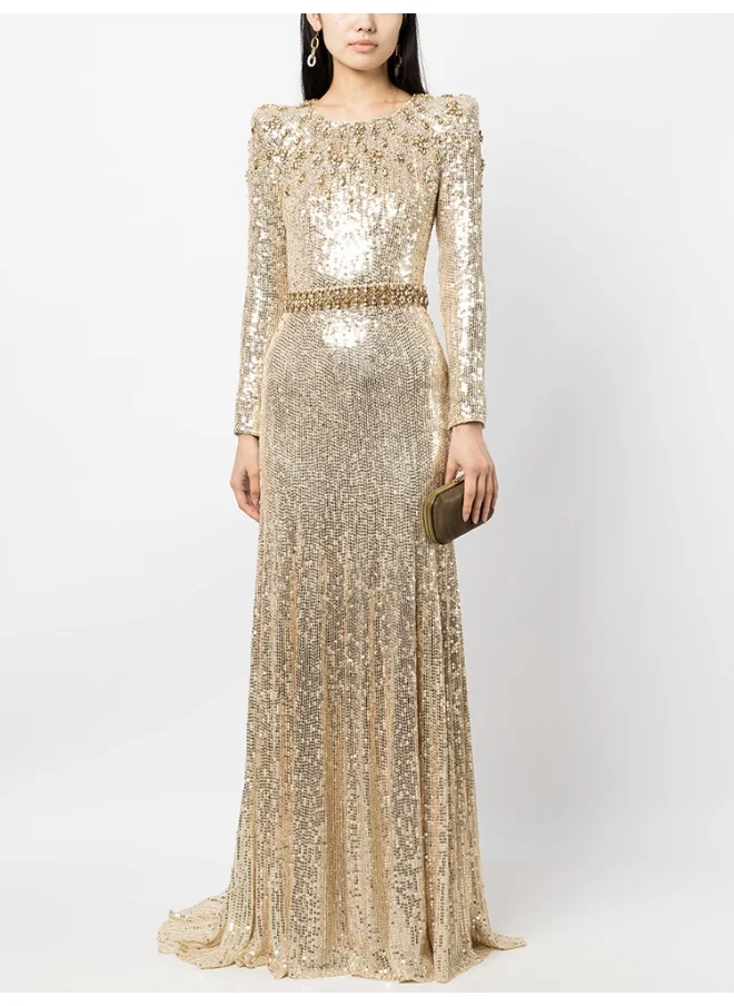 Madam Uniq Heavy Embellished Beaded and Sequin Long Dress in Gold