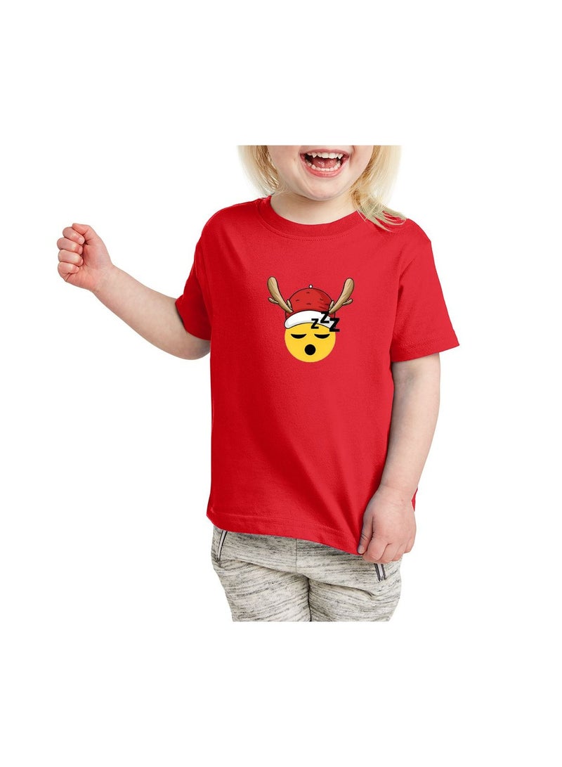 Christmas Emoji Kids Red T-Shirt For Girls–Soft Cotton Round Neck Short Sleeve T-Shirt With Smiley Face Emoji–Great For Parties
