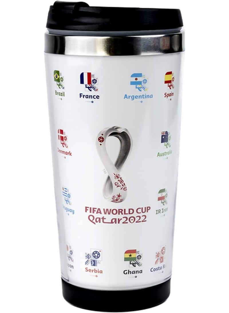 كوب حراري (فاكيوم) من الفولاذ المقاوم للصدأ بتصميم كرة قدم - كأس العالم FIFA قطر 2022. سعة 450 مل، أبيض.