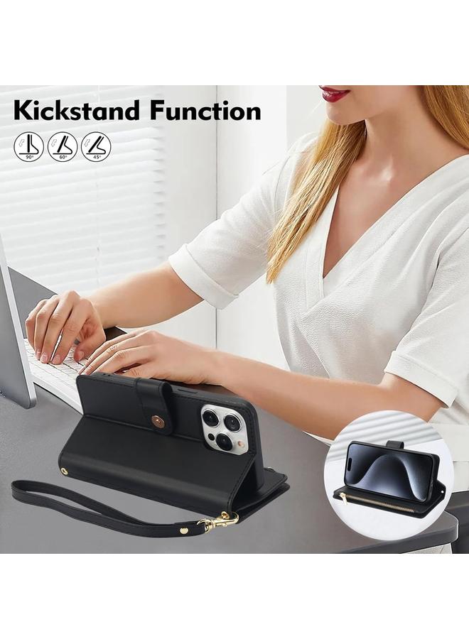 اس-توب جراب هاتف iPhone 14 Pro Max YM016 محفظة بطاقات جلدية بسحاب معيني مع حبل - Image 3