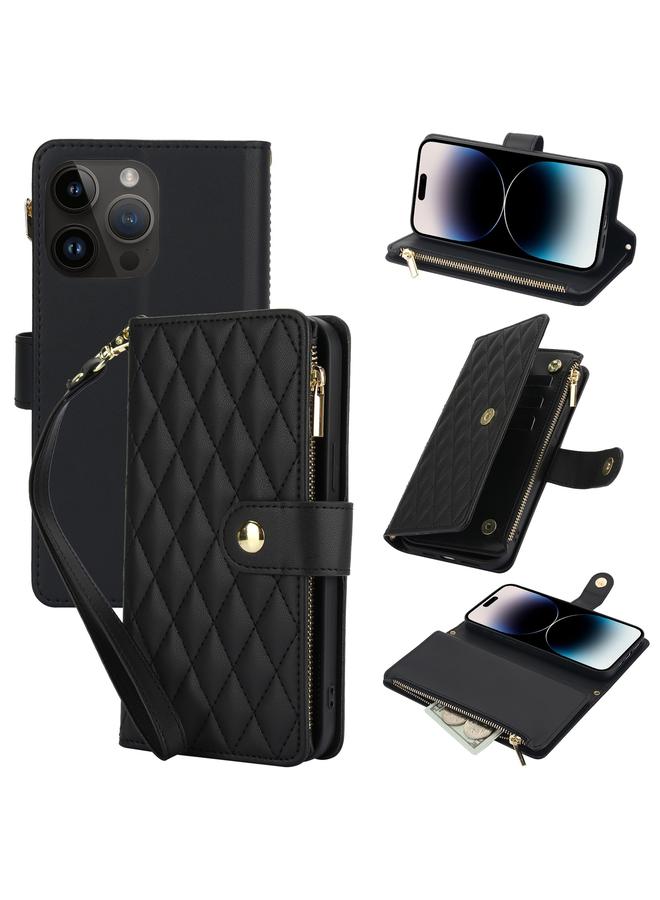 اس-توب جراب هاتف iPhone 14 Pro Max YM016 محفظة بطاقات جلدية بسحاب معيني مع حبل - Image 1