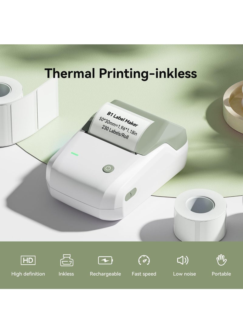 NIIMBOT - B1 Wireless Bluetooth Label Printer with 1 Roll 50*30mm White Label Sticker and USB Cable, Portable Inkless Thermal Label Maker, Great for Supermarket, Retail Store and Home Printing Barcodes - Image 1