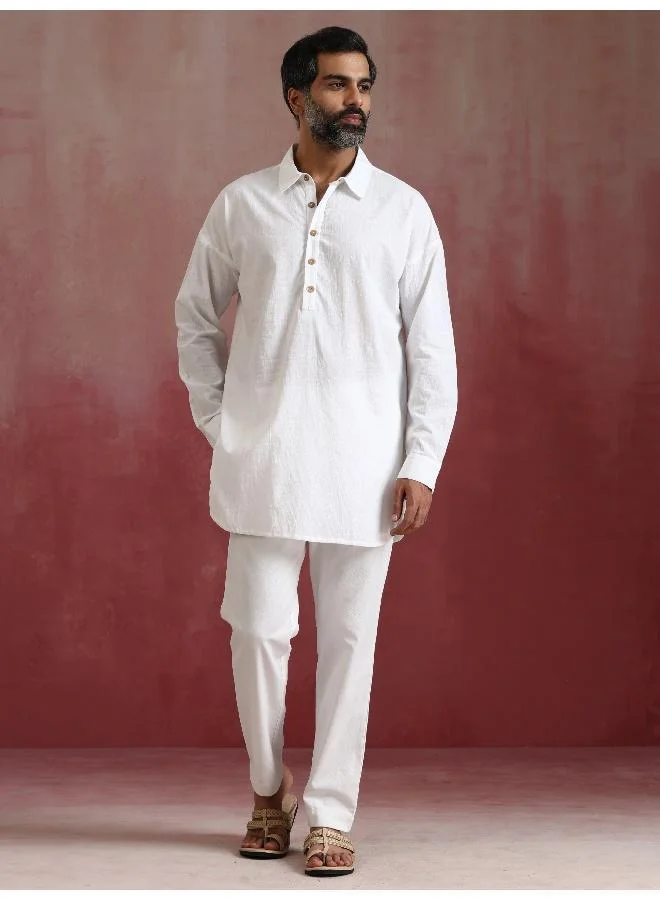 ترو برونز Men's White Cotton Shirt Collar Stylized Kurta Co-ord set