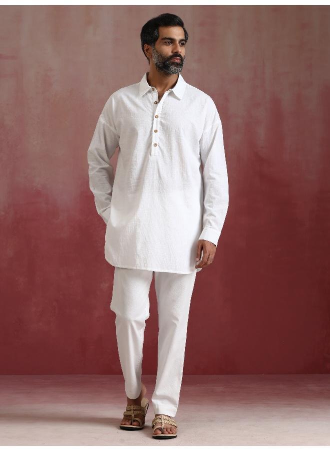 ترو برونز Men's White Cotton Shirt Collar Stylized Kurta Co-ord set  - Image 1