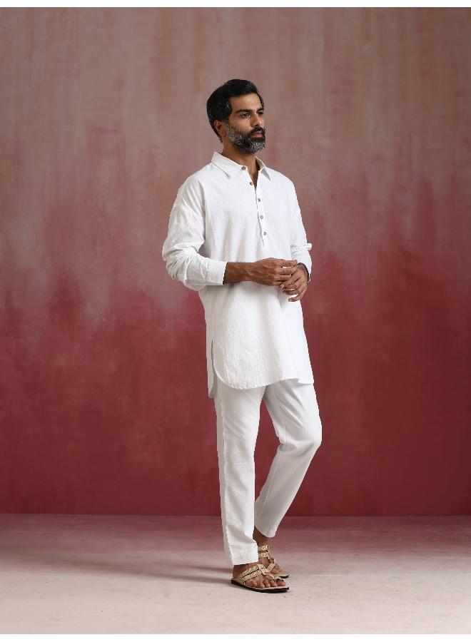 ترو برونز Men's White Cotton Shirt Collar Stylized Kurta Co-ord set  - Image 2