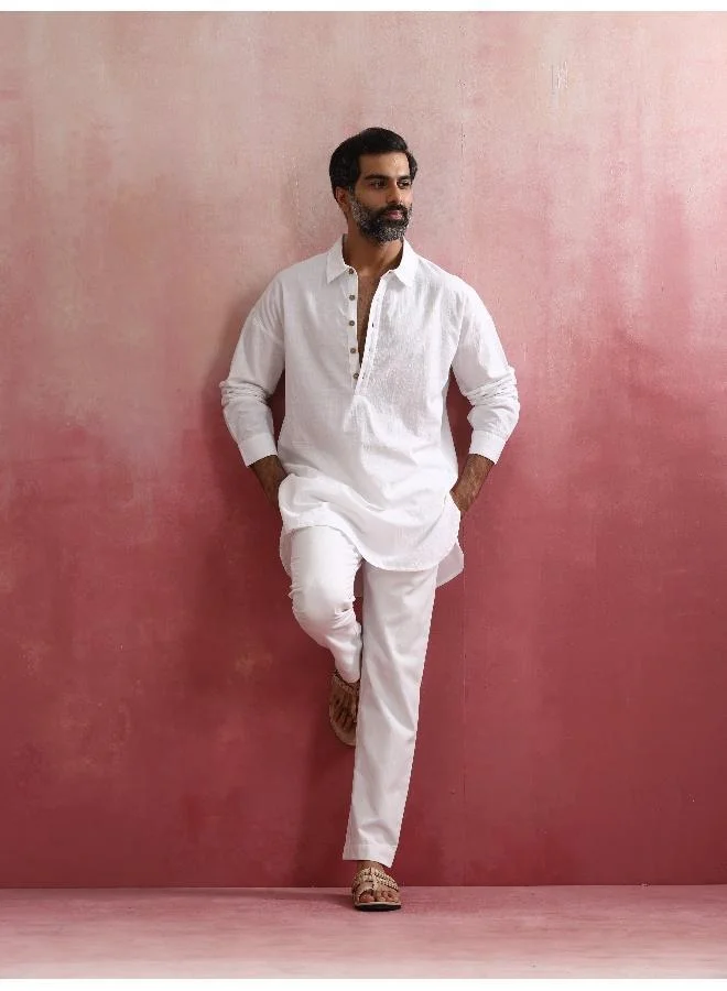 trueBrowns Men's White Cotton Shirt Collar Stylized Kurta Co-ord set