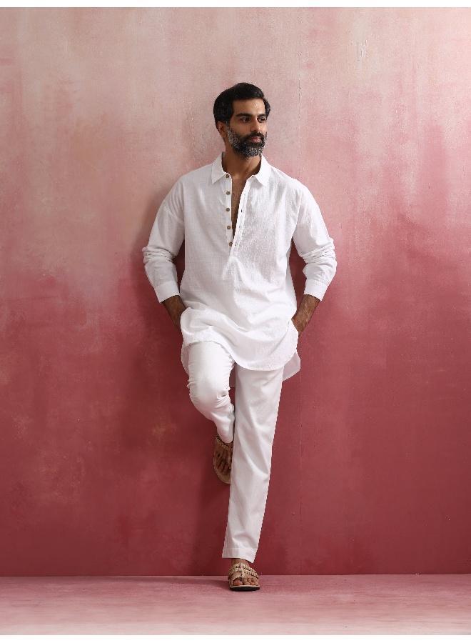 ترو برونز Men's White Cotton Shirt Collar Stylized Kurta Co-ord set  - Image 3