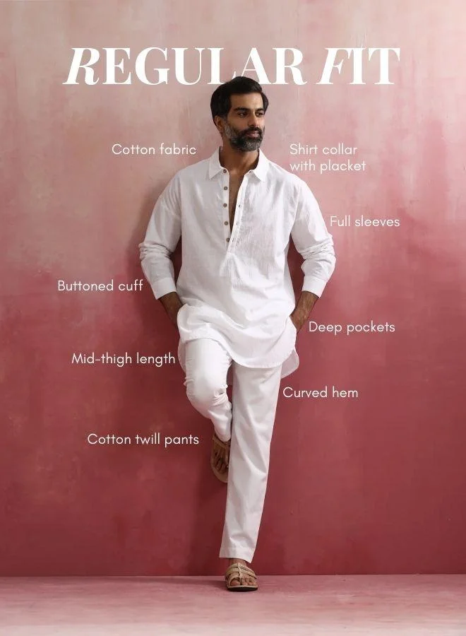 trueBrowns  Men's White Cotton Shirt Collar Stylized Kurta Co-ord set for Men | Best Price UAE