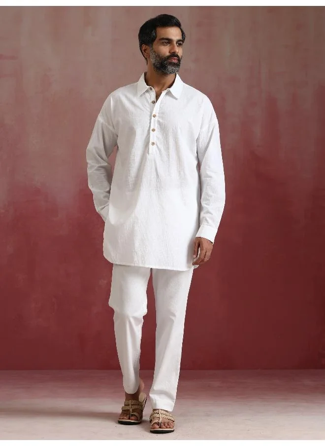 trueBrowns Men's White Cotton Shirt Collar Stylized Kurta Co-ord set