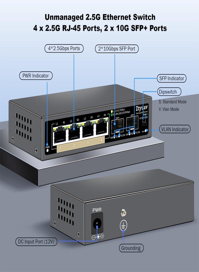 Ztyuav 6 Port Unmanaged 2.5G Ethernet Switch with 4 x 2.5G RJ-45 Base-T Ports, 2 x 10G SFP+, Ports Speed Auto-Negotiation-100/1000/2500Mbps, One-Key VLAN, Plug & Play, Fanless & Metal - Image 2