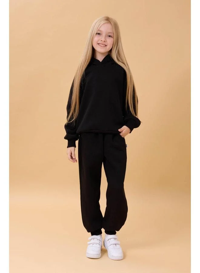 Perendi Reglan Sleeve Hooded Polar-Lined Unisex Kids Outfit Black.